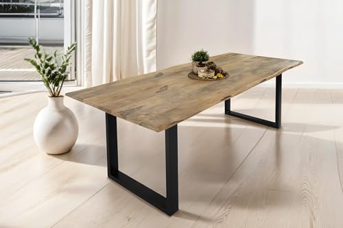 SAM Esstisch Tiger 240 x 100 cm, Mangoholz massiv & naturfarben, Baumkantentisch mit U-Metallgestell in Schwarz, echte Baumkante, Esszimmertisch in Vintage-Optik