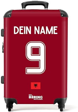 NoBoringSuitcases.com Reisekoffer Personalisiert, Koffer Groß, Hartschalenkoffer, TSA, Reisekoffer mit Rollen Groß, Rollkoffer, Koffer Mittelgroß (EM 2024 - Heimtrikot Albanien - Rot, 67 cm - 72 L)