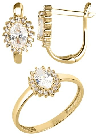 Ardeo Aurum Damen Schmuck-Set aus 333 Gold Gelbgold mit Zirkonia-Steine Ohrringe Ring Größe 54