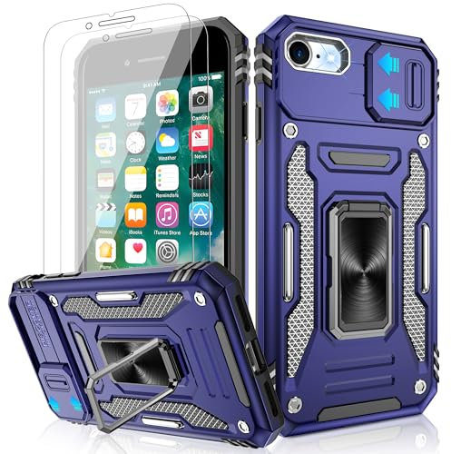Jshru for iPhone SE 2022 & 2020 Case with Screen Protector,iPhone 7/8 case,[Built-in Camera Cover],Ring Kickstand Phone Cover for iPhone SE 4.7'',Blue