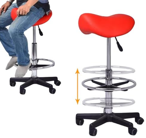 Medical Saddle Stool Dental Hygienist, Rolling Western Seat for Tattoo/Lash Tech/Esthetician, Ergonomic Extra Tall Red Saddle Seat Chair