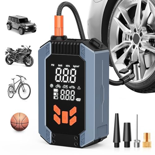 Compresor Aire Portatil, 4 Modes 150PSI Inflador Ruedas Coche, Mini compresor de Aire, con Pantalla LCD Digital y Linterna LED, Hinchador electrico para Coches, Motos, Bicicletas Pelotas.etc