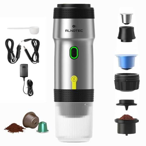 ALNOTEC Expresso Machine à Café Portable Electrique Auto Chauffante, 20BAR - 3 EN 1 Compatible Capsules NES, DG et Café Moulu - Chargeurs 220V, USB et Voiture - Rechargeable. (SILVER)