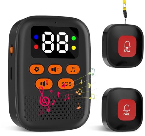 Cuteefun Portables Notrufknopf für Senioren, Kabellos Senioren Notruf, 16 Melodien, Regelbare Lautstärke, Wiederaufladbar Hausnotruf Alarm für Patient Älterer Mann, 2 SOS Sender+1 Empfänger