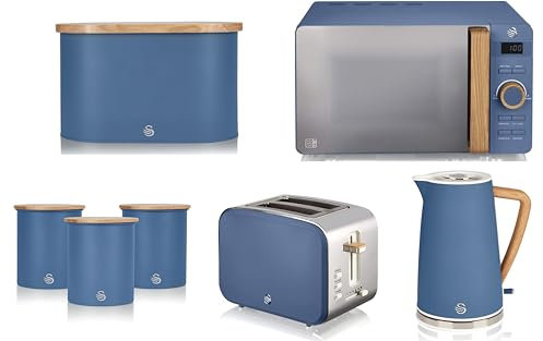 Swan Nordic Blue Jug Kettle, 2 Slice Toaster, 800W 20L Microwave, Bread Bin and Canisters. Scandinavian Inspired Design Matching Kitchen Set of 7 in Blue with Wood Effect Accents