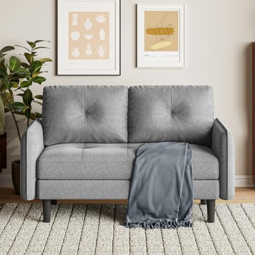 Jooli H Modern 2 Seater Sofa, 148cm Fabric Comfy Sofa Couch with 2 Storage Pockets and Soft Cushion, Small Sofas Compact Loveseat for Living Room, Bedroom, Grey