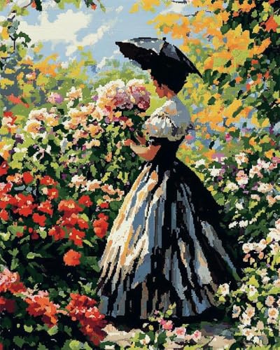 mantianhome Colorful Flowers 11CT Cross Stitch Embroidery Kit, Dahlia Garden, Stamp Pattern Easy Cross Stitch Embroidery Needlework Kit Supplies,-40X50CM