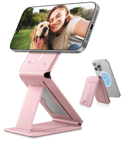 SURITCH Phone Tripod Wallet with Find My Functionality, Magnetic & NFC Supported Card Holder with RFID Blocking,Wallet with Adjustable Stand Selfie Stick for iPhone 17/16/15/14/13/12 Series,Pink