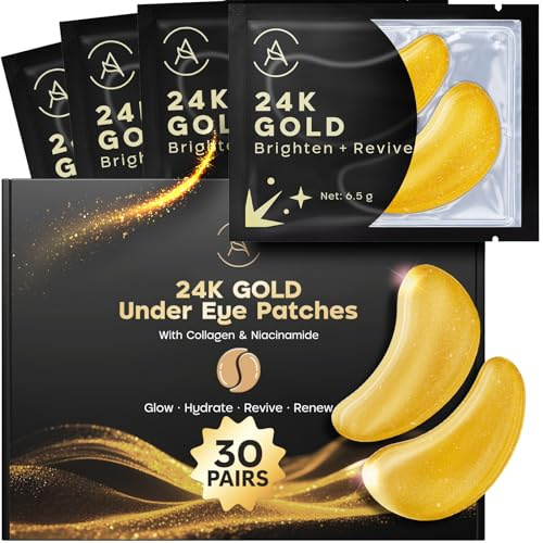 24K Augenpads gegen Augenringe 30 Paare mit Niacinamid und Hyaluron | Geeignet für empfindliche Haut einfach 15 bis 20 Minuten einwirken lassen, Gold
