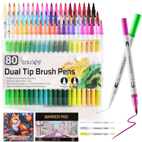 DEWEL 80 Farben Acrylstifte Set, Wasserbasierter Marker, abwaschbar, mit feiner Spitze und Pinsel, Aquarell Stifte für Zum Ausmalen, Zeichnen und DIY-Bastelprojekte