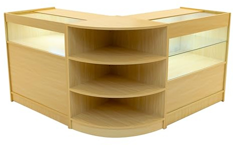 Maple Shop Counter Set Harmonia LED Light B900 C900 LM60 90cm 60cm W Lockable Sliding Doors Keys 3 Retail Storage Units Glass Display Showcase Cabinet Corner Clothing Jewellery Shelves Lighting