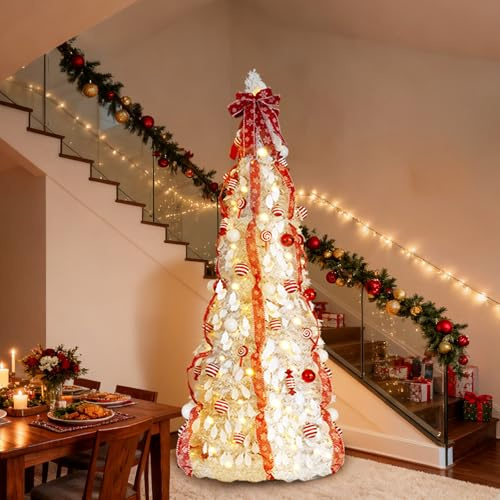 Bonnlo 6 Ft Pop Up Christmas Tree with Lights, 180cm Pre Lit Collapsible Christmas Tree with Sturdy Stand, White&Red
