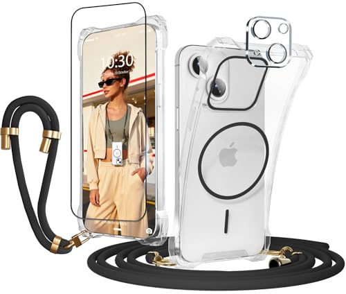 GUtttGU Handyband Abnehmbar für iPhone 13 Hülle mit Band, Schwarz Langes Band zum Umhängen & Kurzkordel für Handgelenk, Transparent Handyhülle Kompatibel mit Magsafe + Schutzfolie + Kameraschutz