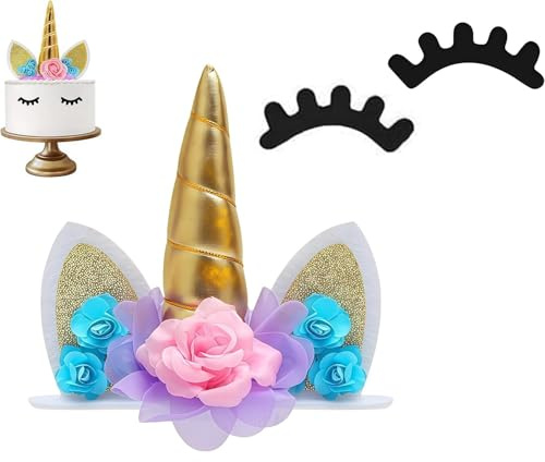 Zpeiran Einhorn Cake Topper,Wiederverwendbare Kuchendeko mit Horn,Ohren & Wimpern Niedliche Unicorn Tortendeko für Kindergeburtstag (Mädchen) Einhorn Torte Deko für Geburtstagsparty(Golden)