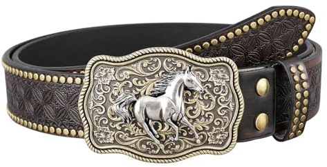 yotutun Western Gürtel für Herren und Frauen - Cowboy Gürtel mit Ledergürtel und Trachtengürtel - Pferd Ledergürtel mit Vintage Blumenmuster - Unisex - Schwarz - L