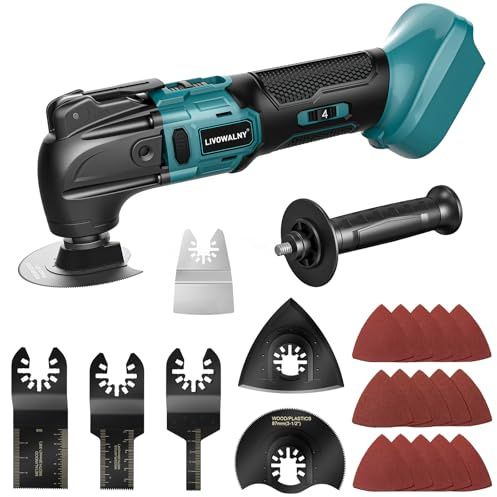 LIVOWALNY Akku-Multifunktionswerkzeug, Oszillierwerkzeug, Multitool Kompatibel mit Makita 18V, 6-Gang, Bürstenlos Motor, Hilfsgriff, zum Entfernen, Schaben, Schneiden, mit 23 Zubehör, ohne Akku
