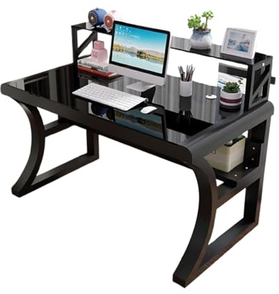 Générique Bureau d'Ordinateur en Verre Trempé, Table de Jeu Moderne et éPuréE avec Structure en MéTal, Bureau D'éTude et D'éCriture for la Maison avec éTagèRes, Bureau Incurvé IntéGré(Noir,100cm)