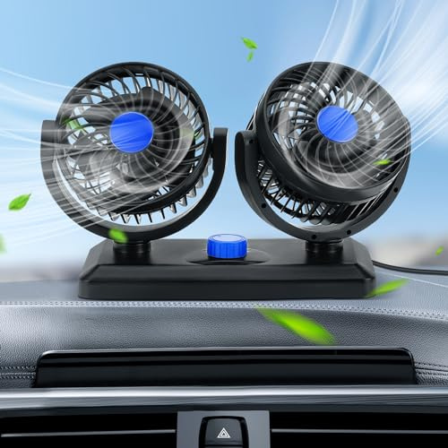 Snorthy Ventilador Portátil para Coche, 12V/24V Ventilador de Doble Cabeza con 2 Velocidades Ajustable 360° de Rotación Ventilador Eléctrico con Encendedor, Ventilador para Coche Camión (12V azul)