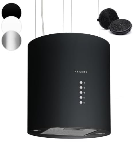 KLAMER Inselabzugshaube Schwarz 536 m³/h, A++ mit 3 Stufen und freihängend | Zwei Aktivkohlefilter und Aluminiumfettfilter für Umluft- und Abluftbetrieb, LED-Leuchten, höhenverstellbar, leise mit 65 dB
