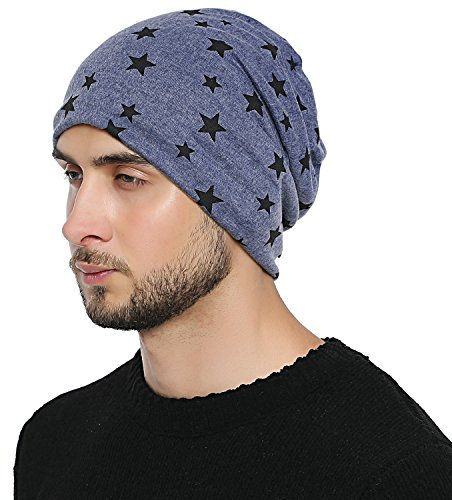 DonDon Herren Slouch Winter Mütze gefüttert mit Stern Print blau