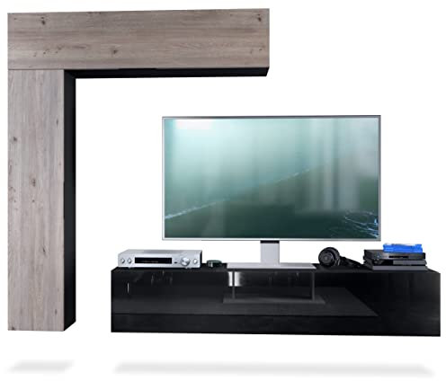 Vladon Wohnwand Taurito, Made in Germany, Schwarz matt/Eiche Nordic - Moderne Anbauwand für Ihr Wohnzimmer (320 x 182 x 39 cm)