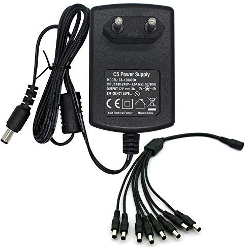 Security-01 AC zu DC 12V 3A Netzteil Adapter mit 8-Fach Verteilerkabel, Stecker 5,5mm x 2,1mm für CCTV-Kamera DVR LED String Licht