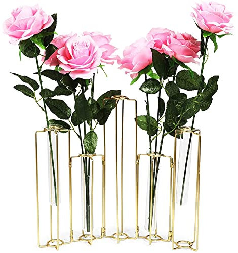 6-Pack Metal Hinged Plant Stand Set with Glass Test Tube Vases (Gold)