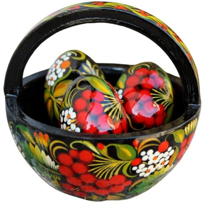 UkrGifts Traditionell bemalte Ostereier im kleinen Körbchen aus Holz - schönes Ostergeschenk - originelle Osterdeko - Ostertischdeko - Nachhaltige Osterdekoration