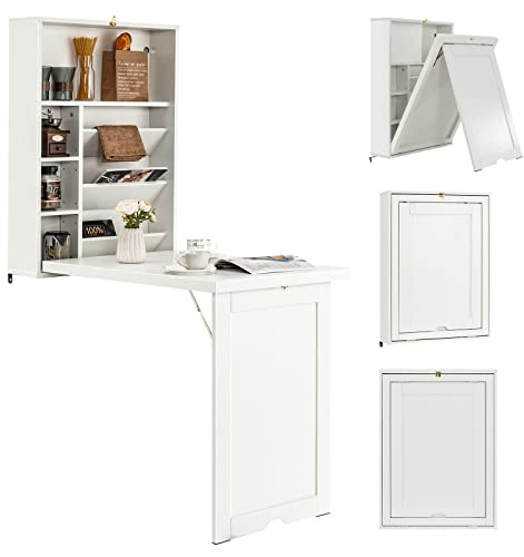 GIANTEX Fällbart väggbord, fällbart väggbord, väggskrivbord, trä med förvaringsutrymme, platsbesparande väggbord, skrivbord, laptopbord, fällbord, matbord, väggmonterat (vit)