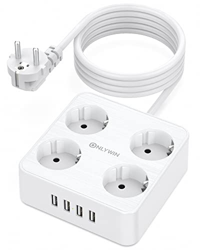 ONLYWIN Steckdosenleiste 4 Fach mit 4 USB (5V/3,1A) Mehrfachsteckdose Wandmontage mit 10A Überlastungsschutz (2500W) Mehrfachstecker mit USB für Zuhause, Büro, Schule, Reise, 2m Kabel Weiß