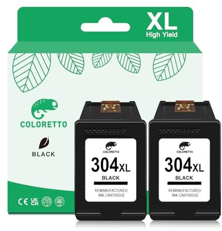 COLORETTO Druckerpatrone 304XL für HP Deskjet 3700 Patronen für HP 2620 2621 3750 Envy 5010 5020 5030 AMP 100 120 125 130 Wiederaufbereiteter Patrone für HP 304 XL(2 Schwarz)