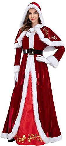 Weihnachtskostüme Umhang Mrs. Claus Santa Xmas Samt Kapuzenumhang Robe Deluxe Länge Kleid mit Santa Hut Gürtel, rot, Medium