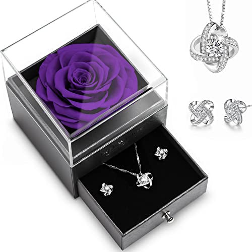 Rosa Eterna,Handmade Rosa Eternal,Rosa Reale Conservata Eterna con Orecchini Collana, Viola Rosa Eterna Rossa per Moglie, Mamma, Regalo Mamma,Regalo Compleanno,Regalo Anniversario per Lei