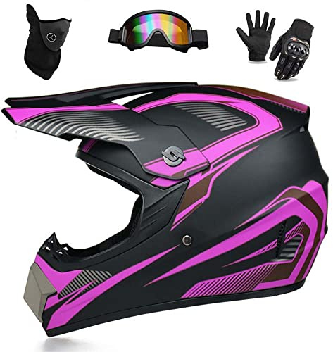 WEITY Casque de Motocross, Lunettes Gants Masque Ensemble, MTB AVT Moto Cross Casque Motocross, Approuvé DOT, Convient aux Adultes, Enfants, Hommes et Femmes (pink track,M)