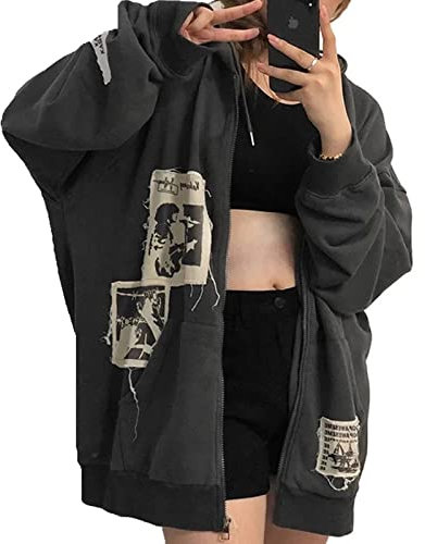 YEMOCILE Damen Oversize Hoodie Reißverschluss Vintage Grafik Buchstaben Druck Sweatshirt Kapuzenpullover Jacke