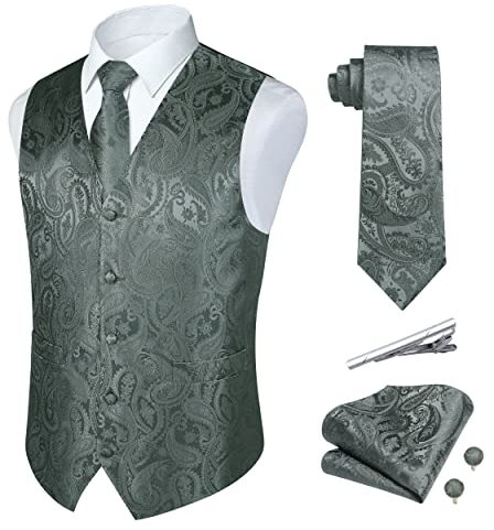 Rithern Herren Weste Paisley Floral Jacquard Seide Krawatte Einstecktuch Taschentuch Set mit Manschettenknöpfen und Krawattenklammer Set für Hochzeitsfeier Anzug Weste Set Grau L