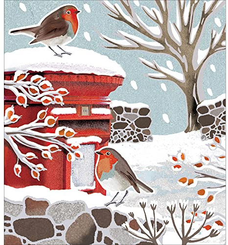 5 Postbox Robins in the Snow Christmas Cards - Charity UK Made Xmas Cards