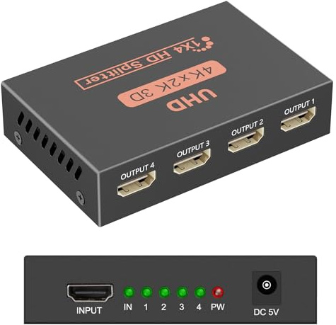 HDMI Splitter 1x4, Sorthol 1 in 4 Out HDMI Splitter Audio Video Distributor 3D & 4K x 2K Box for HDTV, STB, PS3, PS4 Pro Blu-Ray DVD Player, Projector Etc