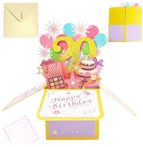 JinSu Geburtstagskarte zum 20. Geburtstag, Pop-Up-Karte zum 20. Geburtstag, 3D-Happy Birthday-Grußkarte mit Umschlag, Geburtstagskarte für Frauen