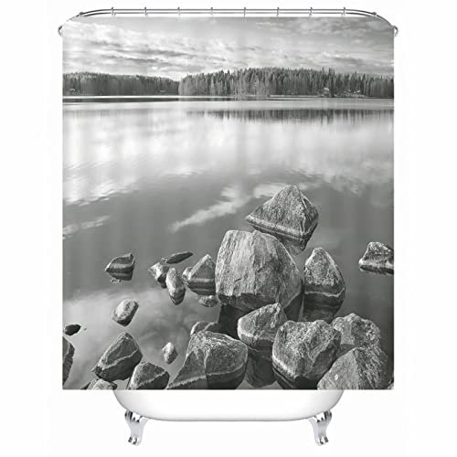 EHOMERY Duschrollo Duschvorhang Duschrollo Ohne Bohren Badewanne See-Steine-Bäume Polyester Dunkelgrau Rostfreie Ösen Und 12 Hakenringe, 140X180Cm