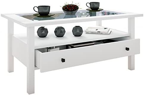 VCM Holz Beistelltisch mit ESG-Sicherheitsglas | Couchtisch schlicht | Maße ca. H. 42 x B. 90 x T. 54 cm | Wohnzimmertisch mit Schublade | Sofatisch - Lingis L