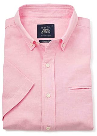 The Savile Row Company London Camicia estiva da uomo a maniche corte in misto lino-cotone, vestibilità classica, rosa, L