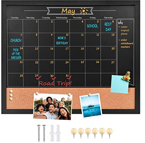 Umtiti HBZHB-BK4555-US Kreidetafel, Kalender und Pinnwand, 45,7 x 55,9 cm, schwarzer Holzrahmen, magnetische Kreidetafel. Perfekt für Büro, Heimschule, Nachrichtenbrett