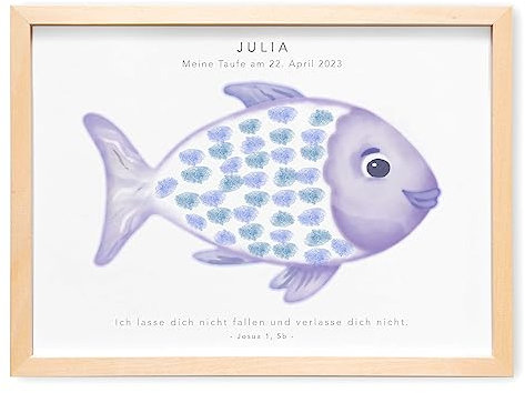 DEL MÀ Unique & Personal Gästebild Taufe Fingerabdruck Gäste Bild Gästebuch personalisiert Mädchen Jungen mit Fisch Taufgeschenk Geschenk (mit und ohne Bilderrahmen) (Lila)