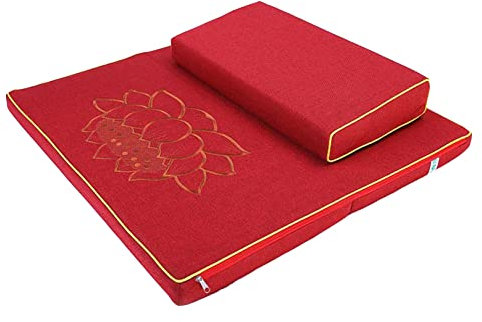 Luxuriöses Meditationskissen mit natürlichem Hanfkern, Yogakissen der Buddhistischen Akademie, Lotusmuster, faltbares Meditationskissen, leicht waschbar (Farbe: Rot, Größe: 60 x 60 cm)