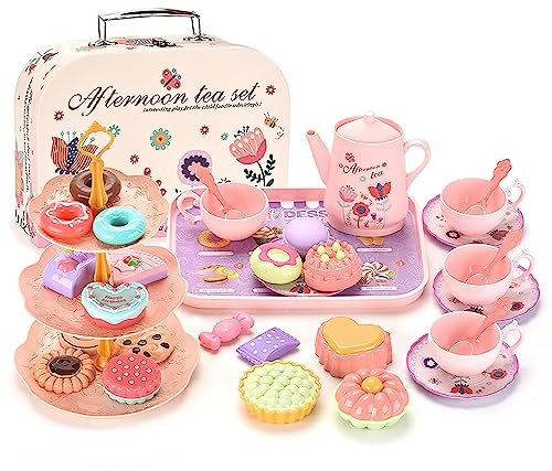 Fivtsme Service à Thé pour Enfants, Jouet de Cuisine Faisant Semblant, Dînette Enfant Accessoire Jeux de Cuisine, Dinette Enfant Service à Café avec Valise pour Filles et Garçons à Partir de 3 Ans
