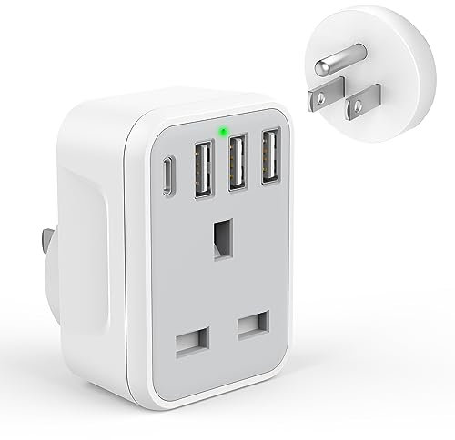 UK to US Plug Travel Adapter, USA Travel Adapter with 4 USB Ports (1 USB C Fast Charger) American to UK Plug Adapter for US Canada Mexico Thailand and More(Type B)