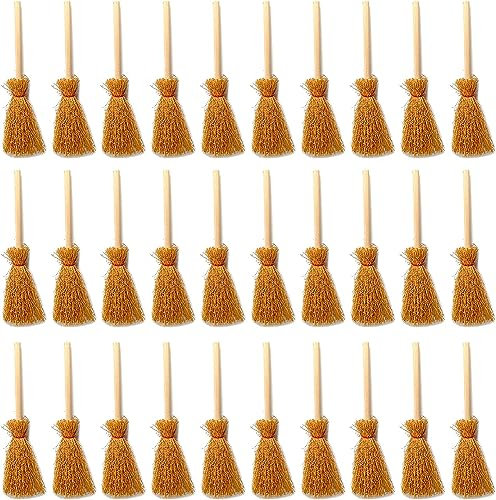 LATRAT 30 Pcs Puppenhaus Mini Besen Basteln Modell Hängende, Mini hängende Besen Miniatur Stroh Besen Themed Party Besen mit roten Seil für die Dekoration