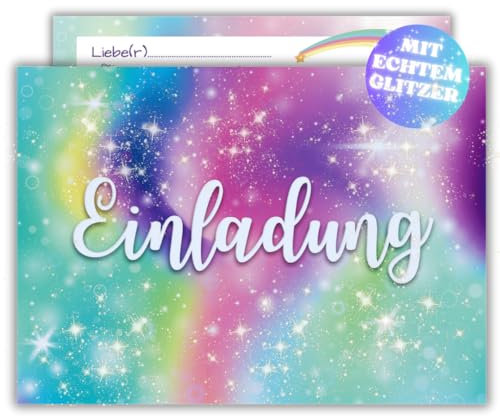 PRINTNOVIA GLITZER Einladungskarten für Kindergeburtstag und Party (12 Stück) – Buntes Regenbogen für Jungen und Mädchen – Die perfekte Einladung für Geburtstage, Einschulungen und Kinderpartys