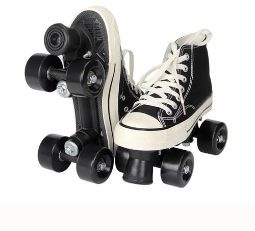 Rollschuhe Erwachsene Herren Und Damen Vierrad Rollschuhe, Canvas Zweireihige Rollschuhe Räder, Discoroller Erwachsene Komfortable Rollerskates Quad Skating Outdoor,Black-42 EU